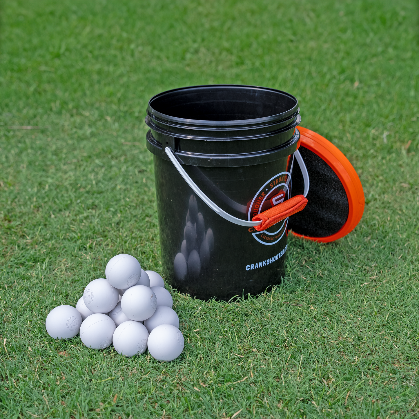 Lacrosse Ball Bucket by Crankshooter®, Includes 12, 24, 36, 48 or 60 qty. White, Yellow, Green or Orange Fully Certified Lacrosse Balls, Padded Lid & Handle - Free Shipping