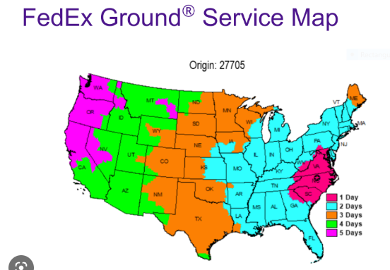 CHRISTMAS  2023 FEDEX SHIPPING MAP.  ALL ORDERS SHIP SAME DAY IF PLACED BY 12pm.
