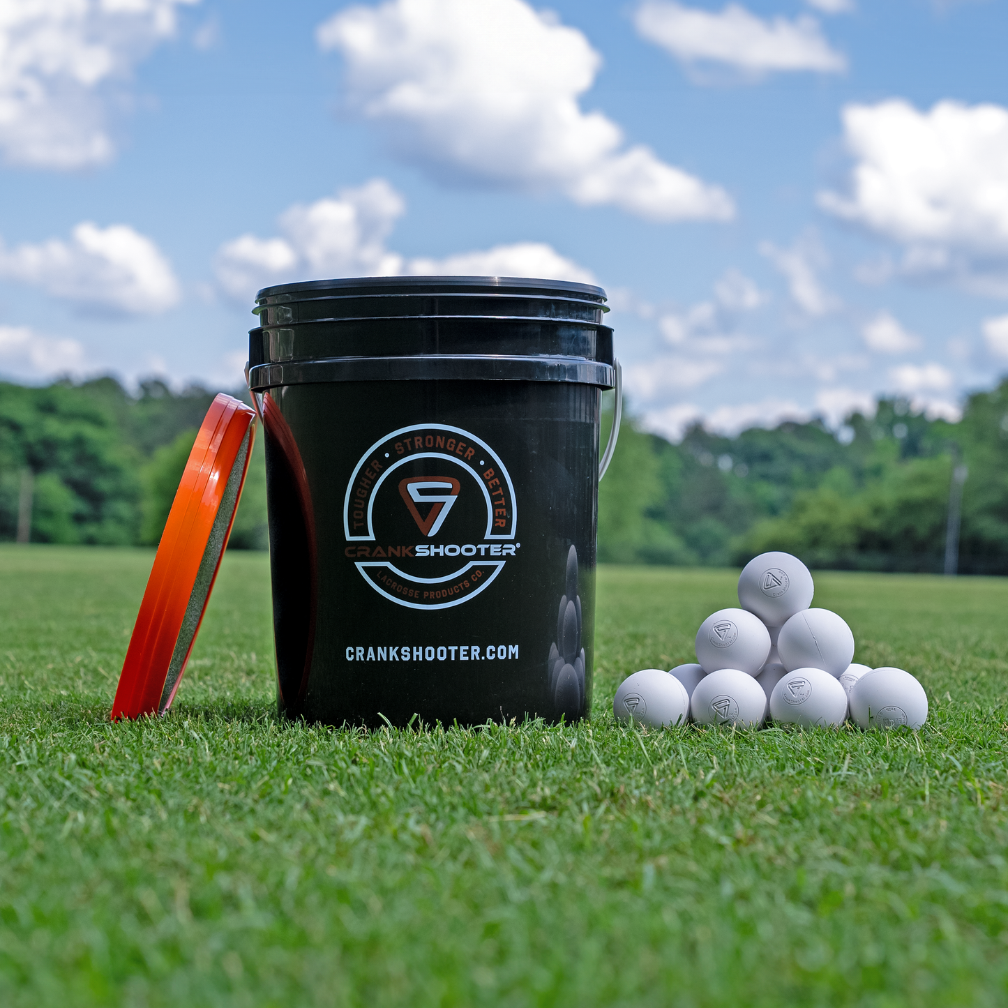 Lacrosse Ball Bucket by Crankshooter®, Includes 12, 24, 36, 48 or 60 qty. White, Yellow, Green or Orange Fully Certified Lacrosse Balls, Padded Lid & Handle - Free Shipping