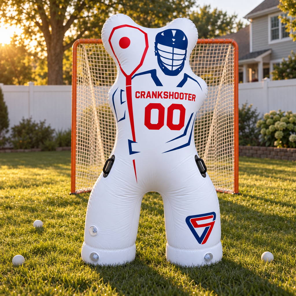 An inflatable white hockey goalie practice dummy with red and blue graphics stands in a backyard on grass in front of an orange hockey goal. The dummy has the text 'CRANKSHOOTER' and the number '00' on the chest, with a blue and red shield logo on the lower leg.