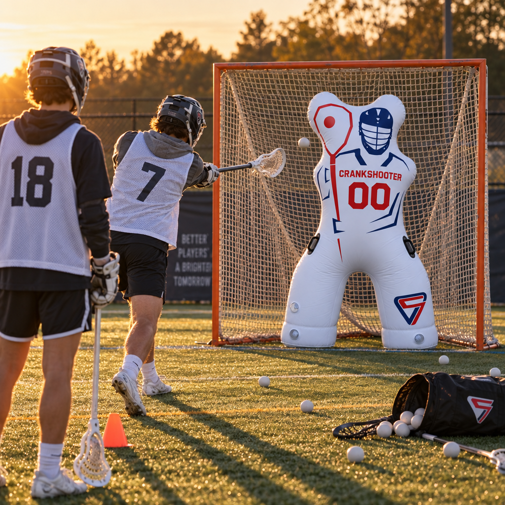 Outdoor lacrosse scene at sunset with two players on a grass field, one holding a lacrosse stick and the other wearing a large white inflatable goalie target labeled 'CRANKSHOTER 00' in front of a lacrosse goal.